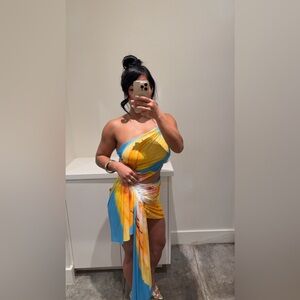 Fal-Ash signature mini floral dress in sky blue/tangerine